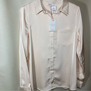 Skies Are Blue Champagne Satin Button Down Dress  Shirt Long Sleeve Sz S
